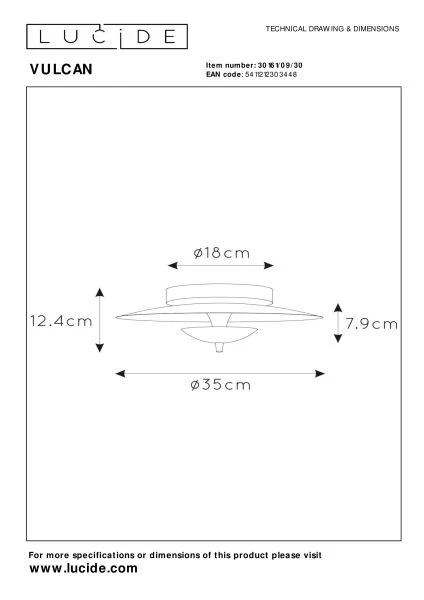 Lucide VULCAN - Plafonnier - Ø 35 cm - LED Dim. - 1x9W 3000K - Noir - technique